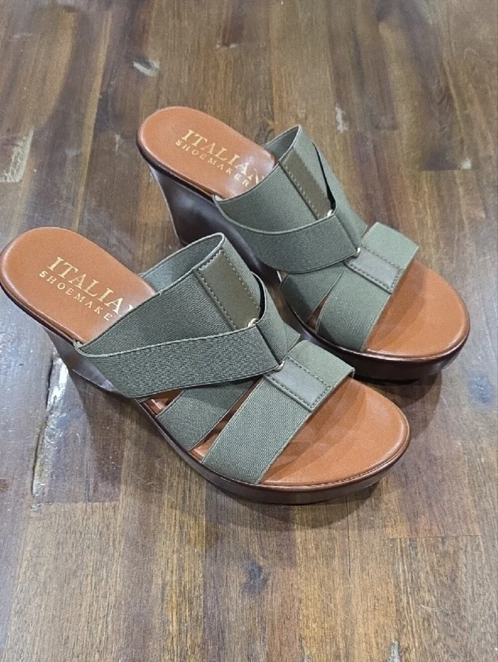 Italian Shoemakers Olive and Tan Crossband Wedge Sandal